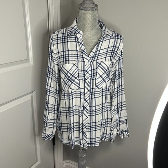 Laju Two Pocket Button Down Size M NWOT Blue & Ivory Plaid - Picture 2 of 3